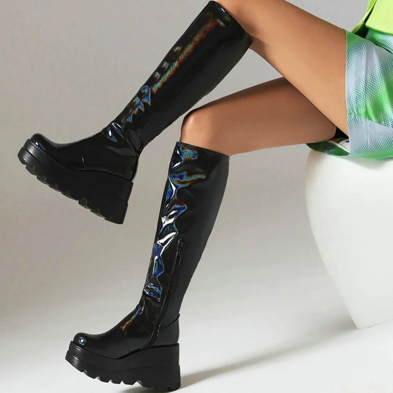 Black Silver Women Knee High Boots Platform Wedges High Heel Ladies Calf Boots PU Leather Round Toe Zipper Dress Women's Boots
Black Silver Women Knee High Boots Platform Wedges High Heel Ladies Calf Boots PU Leather Round Toe Zipper Dress Women's Boots