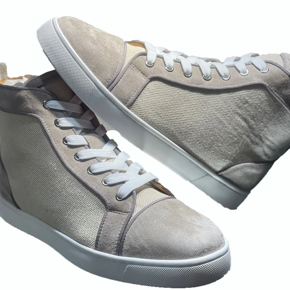 Fashion High Top Red Bottom Shoes For Men Women Luxury Trainers Driving Spiked No Rivets Gray Cloth Suede Genuine Leather
Fashion High Top Red Bottom Shoes For Men Women Luxury Trainers Driving Spiked No Rivets Gray Cloth Suede Genuine Leather