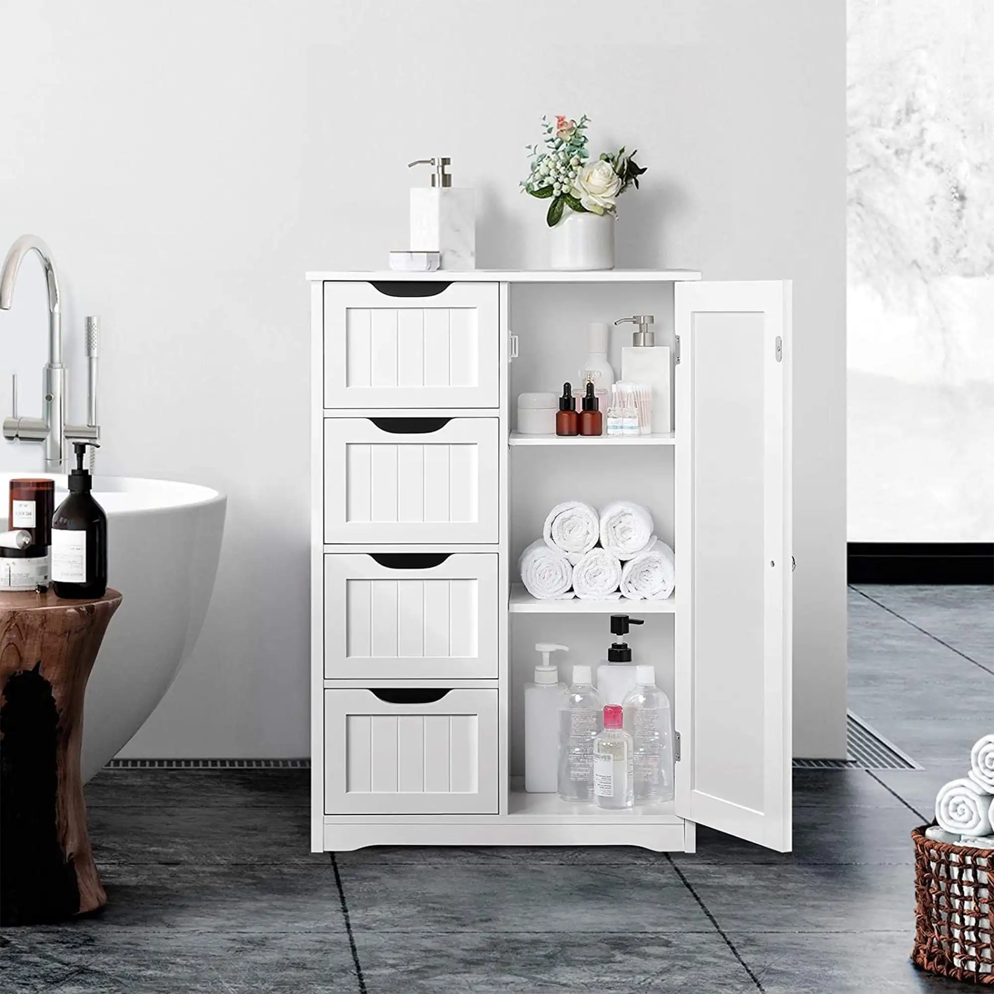 Vebreda 4 Drawer Bathroom Cabinet Storage Cupboard 3 Shelves Free Standing White medium density fiberboard
Vebreda 4 Drawer Bathroom Cabinet Storage Cupboard 3 Shelves Free Standing White medium density fiberboard
