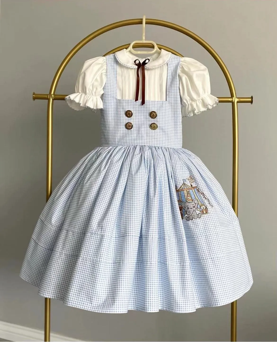 

0-12Y Baby Girl Summer Blue Plaid Dumbo Embroidery Turkish Vintage Princess Dress Boy Suit for Birthday Easter Photography Eid