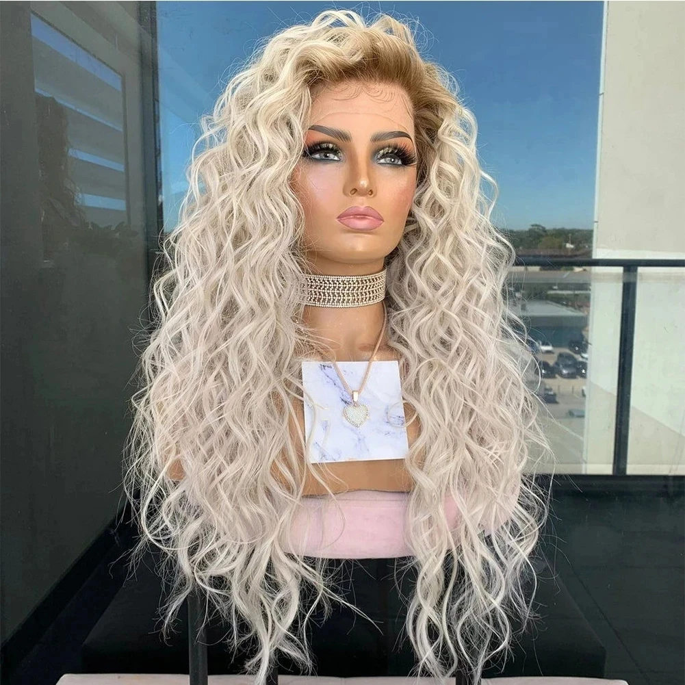 

MXWIGS Water Curly Blonde Ash Ombre Synthetic Hair Lace Front Wigs with Middle Part Hairline Long Wave Wigs Daily Wigs