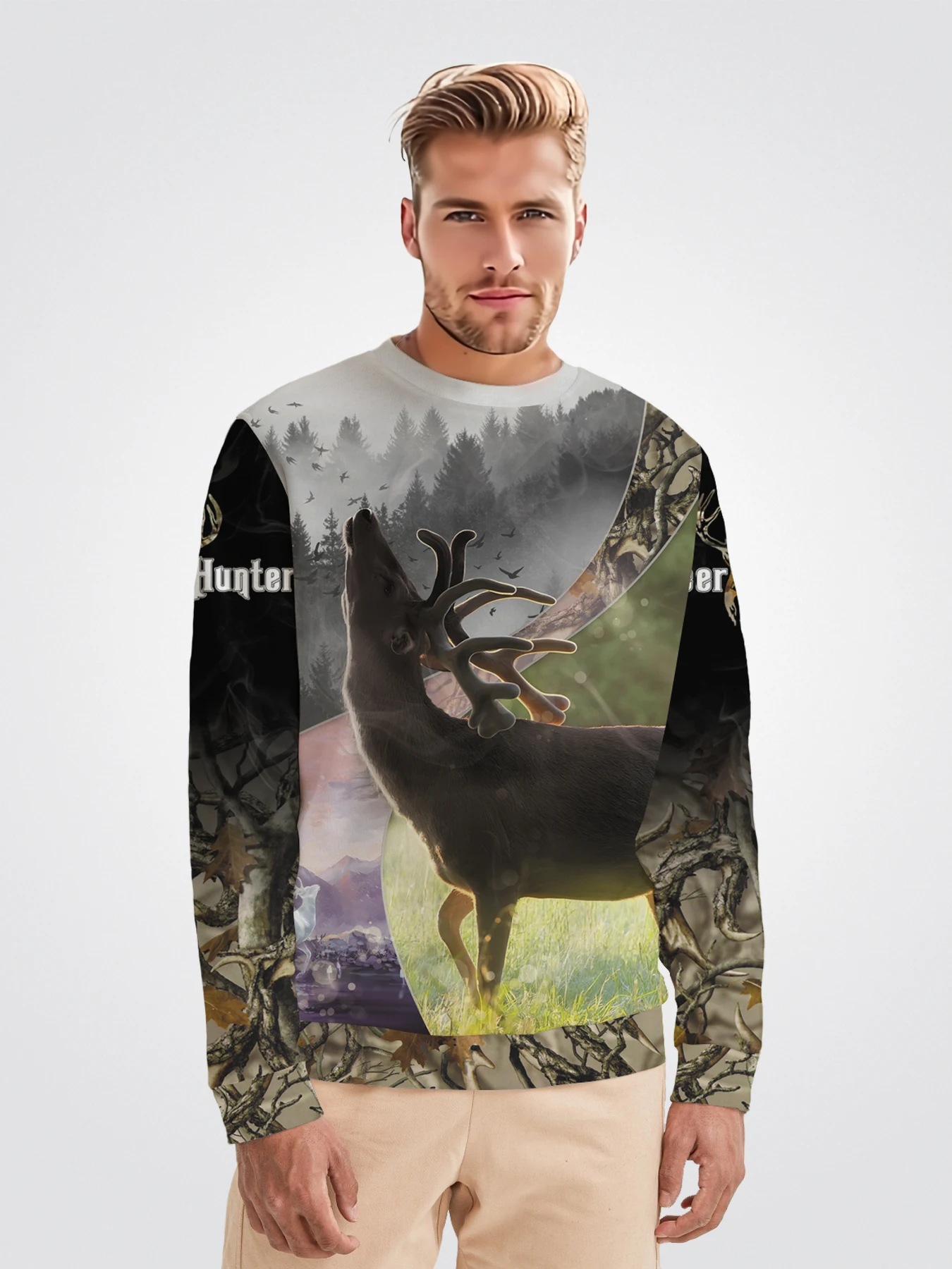 

Deer Hunter Men's Casual Graphic Design Crew Neck Pullover Sweatshirt For Men Fall Winter Long Sleeve 3D Deer Print Trendy Tops