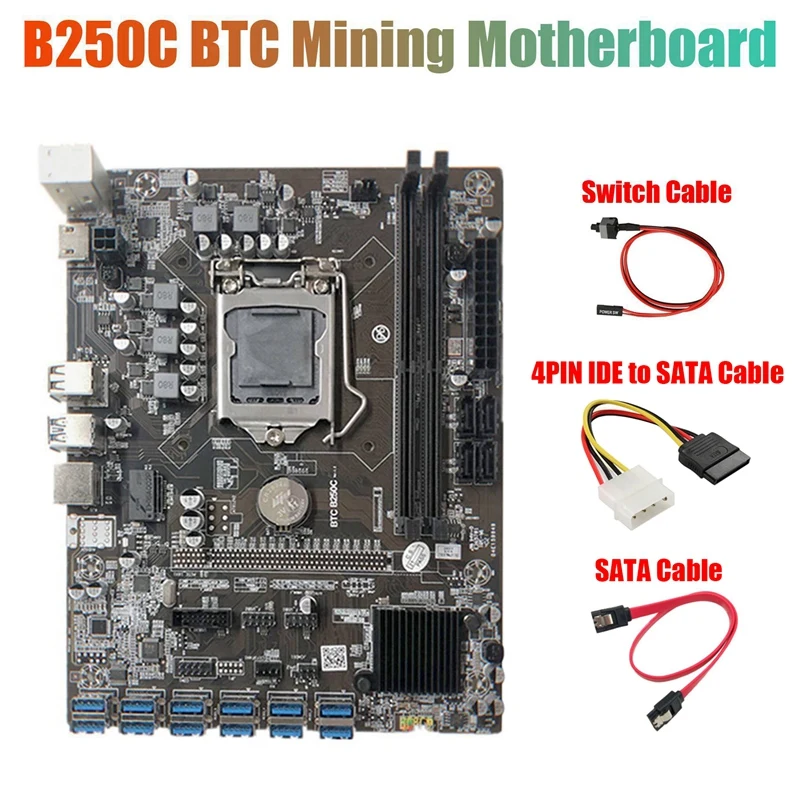 

B250C Mining Motherboard With 4PIN IDE To SATA Cable+Switch Cable+SATA Cable 12 PCIE To USB3.0 GPU Slot LGA1151 For BTC