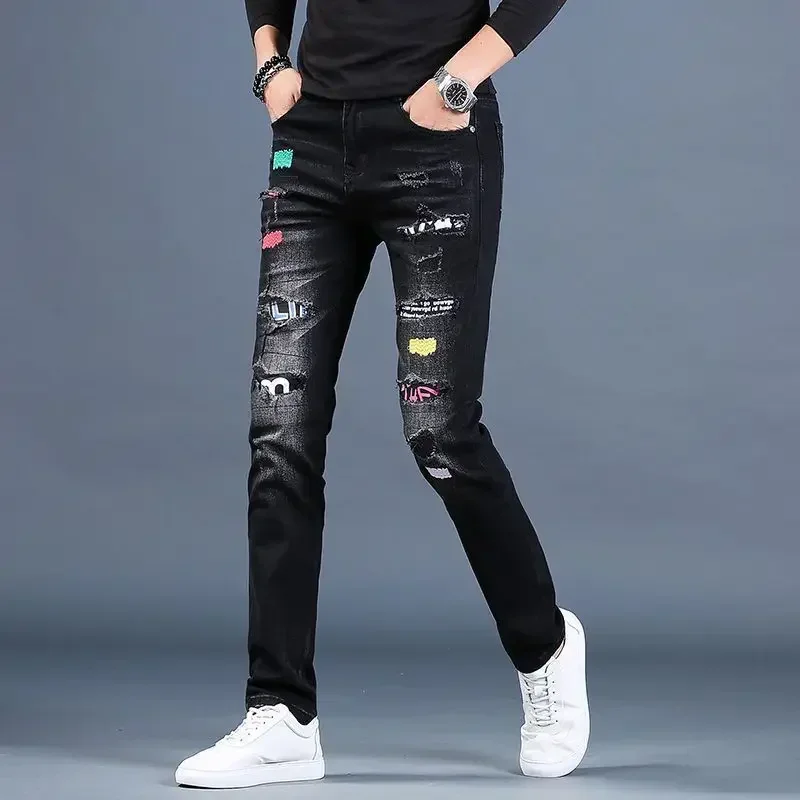 

Trousers Ripped Black Jeans for Men Graphic Male Cowboy Pants Broken Tight Pipe with Holes Skinny Slim Fit Torn 2024 Trend Goth