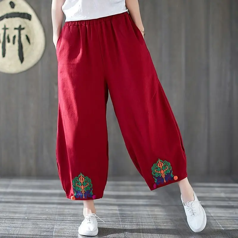 

Folk Vintage Embroidery Spliced Women Bloomers Trousers Spring Summer Casual Loose Pockets Elastic Solid Color Cropped Pants