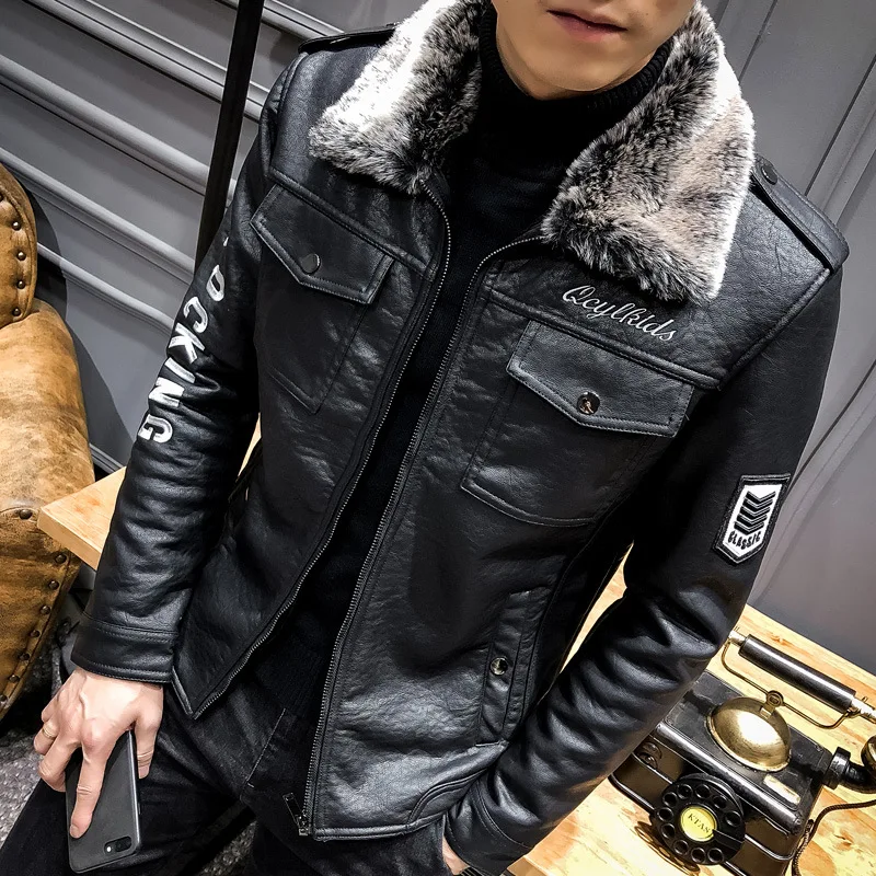 

Men Jacket Winter Faux Fur Coat Casual Motor PU Leather Male Spring Autumn Solid Color Vintage Pele Overcoat leather Jacket 4XL