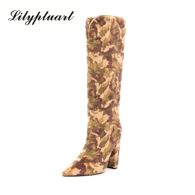

Zebra Pattern Knee High Boots Women Imitation Horse Hair Suede Boots 11 Cm Round Heel Boots Spring Autumn New Arrival High Boots