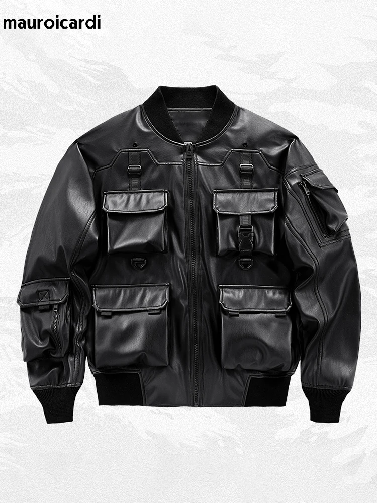 

Mauroicardi Spring Autumn Oversized Cool Pu Leather Bomber Techwear Jacket Men with Many Pockets Luxury Designer Clothes 2023