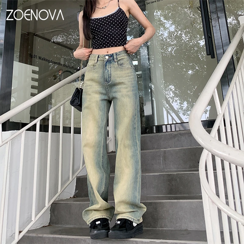 

ZOENOVA Summer Fashion New Elegant Women's Jeans Casual High Waist Loose Versatile American Retro Nostalgic Denim Wide Leg Pants