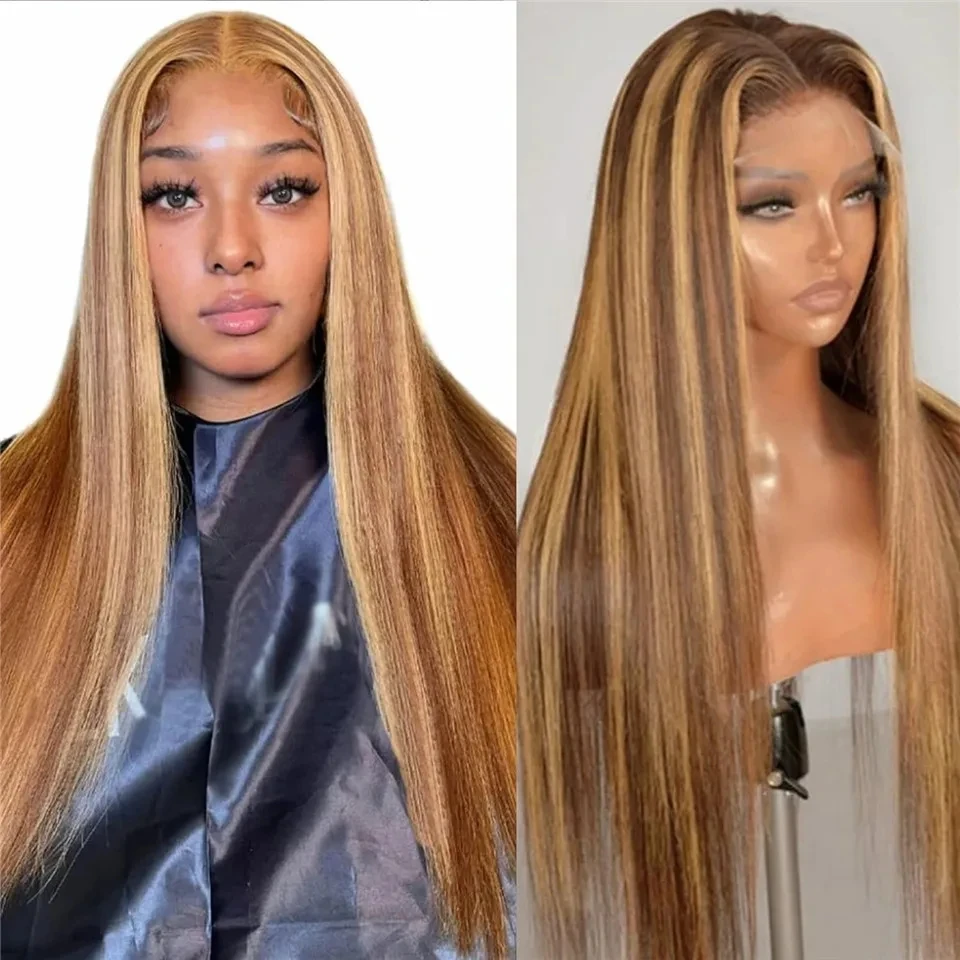 

Ombre Honey Blonde Highlight Wig Human Hair Peruvian Glueless Highlight Straight Lace Front Wig Preplucked P4/27 Human Hair Wigs