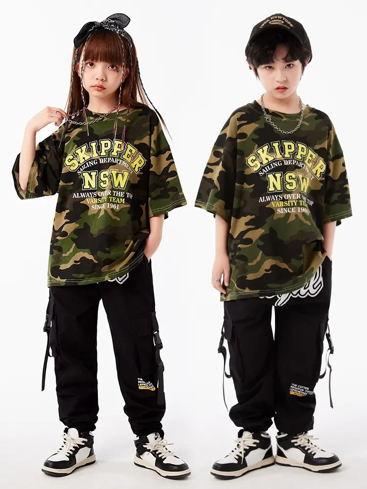

Girls Boys Teenage Jazz Dance Costume Clothes Kids Hip Hop Clothing Showing Outfits Camo Tshirt Black Cargo Joggers Pants for