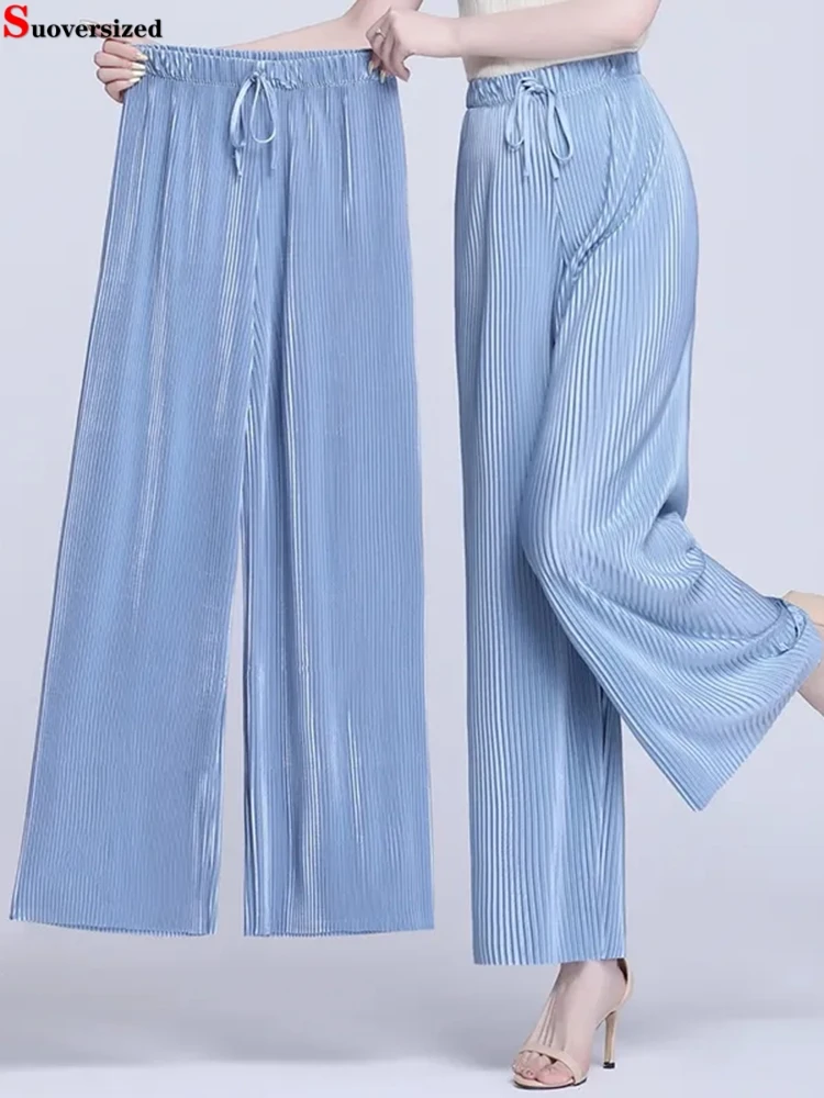 

Summer High Waist Ankle Length Wide Leg Pants Pleated Chiffon Pantalones Oversize 4xl Baggy Trouser Casual Thin Solid Color Hose