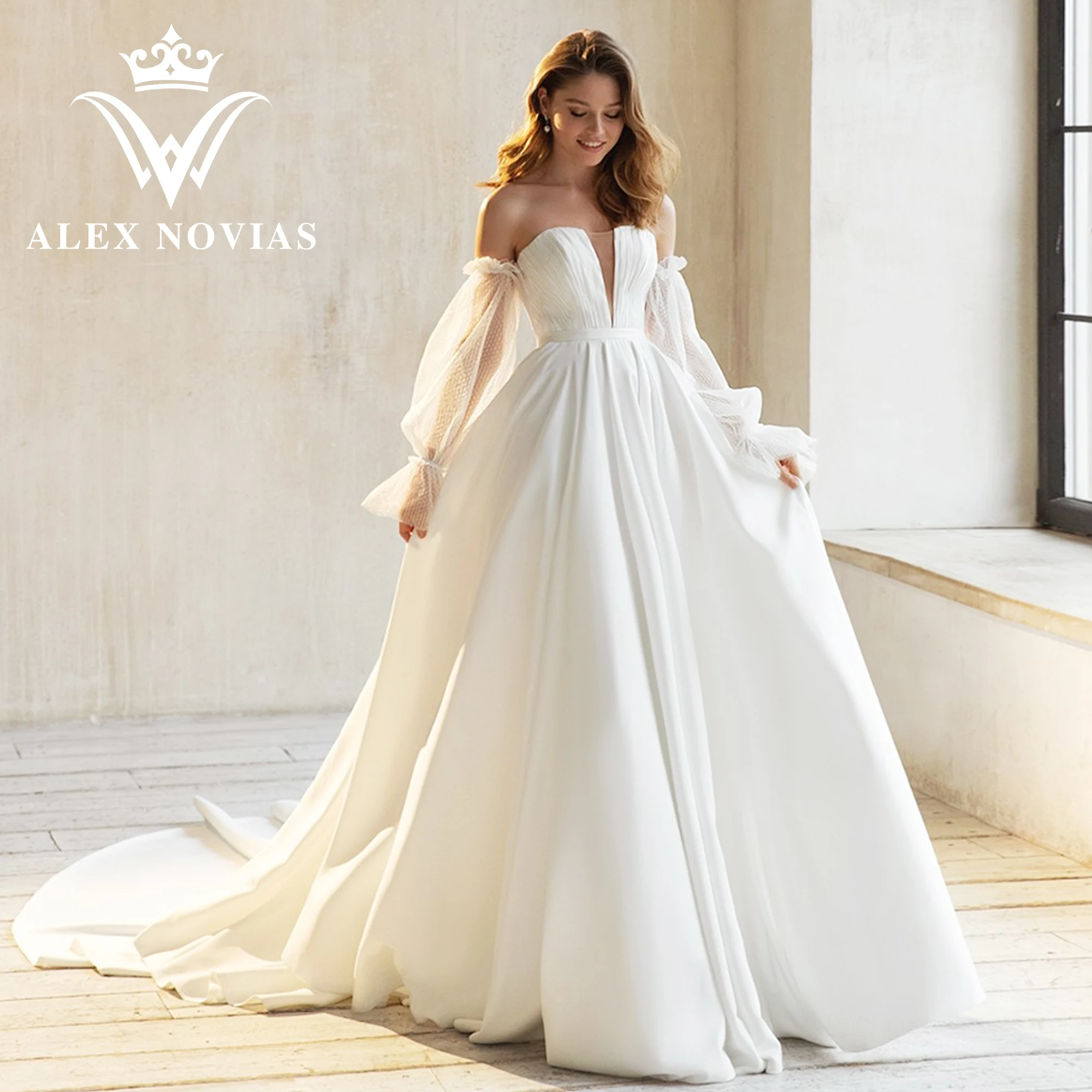 Свадебное атласное платье-трапеция ALEX NOVIAS, атласное платье без бретелек с пышными длинными рукавами и открытой спиной, свадебное платье со шлейфом, 2023
Свадебное атласное платье-трапеция ALEX NOVIAS, атласное платье без бретелек с пышными длинными рукавами и открытой спиной, свадебное платье со шлейфом, 2023