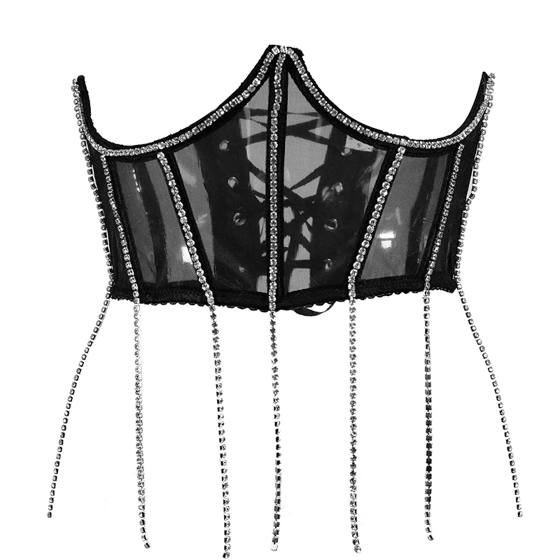 

Women Sexy Sparkly Tops Mesh Summer 2022 Bustier Corset Diamonds Crystal Tassel Night Club Stage Costume Party Camis Crop Tops