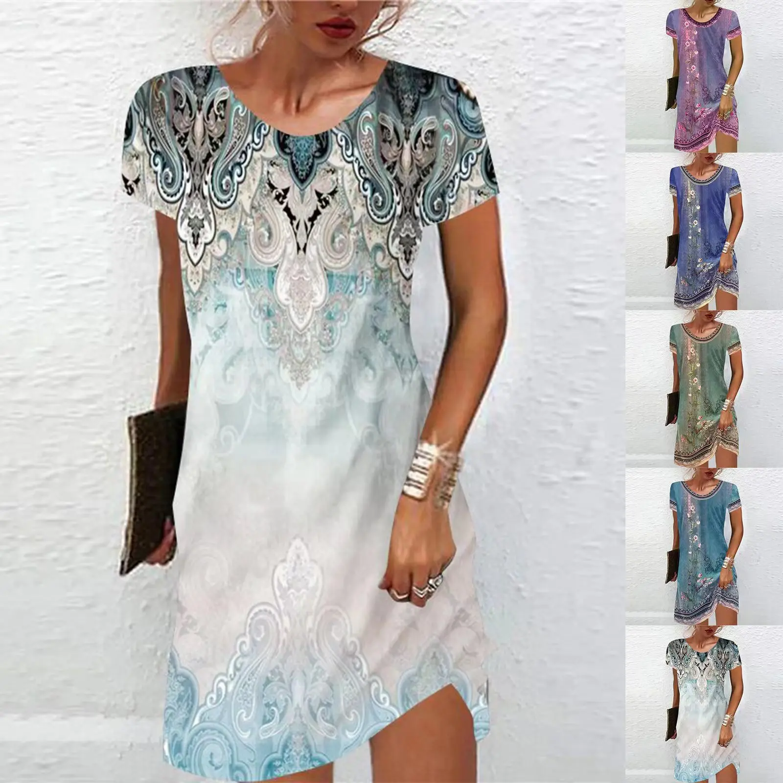 

2023 New Spring/Summer European and American Women's Wear New Ethnic Style Printing Casual Short Sleeve Dress