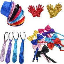 Kids Adult Sequin Jazz Hat Bow Tie Gloves Fancy Dress Party Cap Dance Birthday Decoration Cosplay Halloween