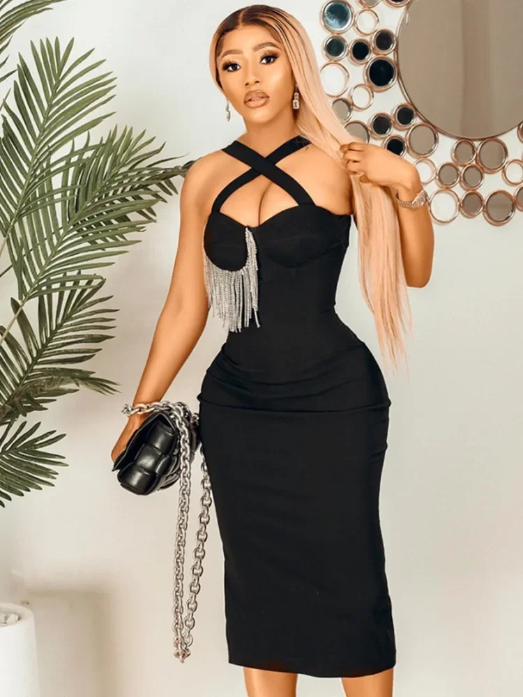 

Women Sexy Black Bandage Dress 2022 Elegant Celebrity Criss Cross Diamonds Crystal Tassel Mid-calf Evening Party Dress Vestidos