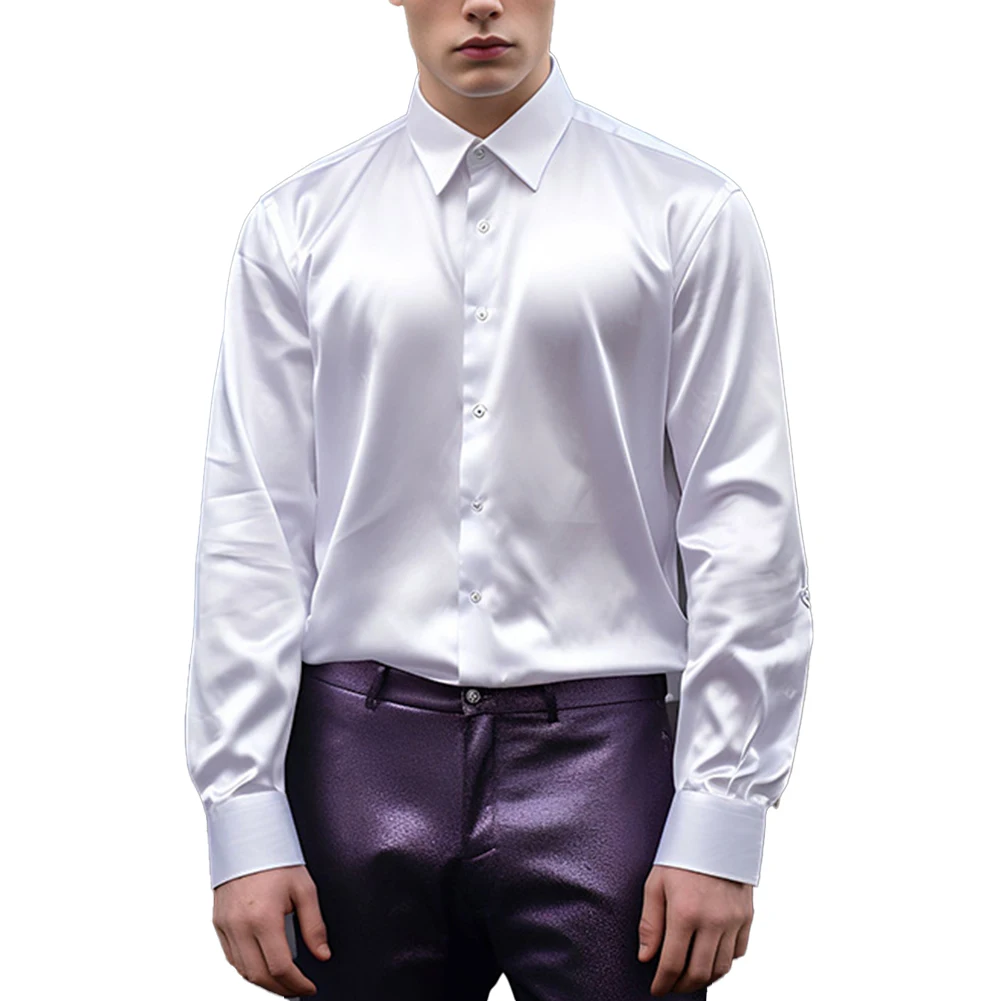 

Men's Satin Silk Shirts And Blouses Solid Color Slim Fit Party Cocktail Long Sleeve Social Shirt Man Causal Clothing