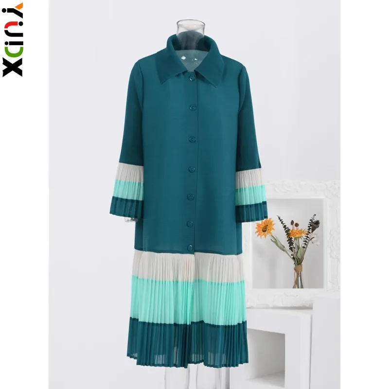 

YUDX Miyake Wpmen Color Block Pleated Dress Lapel Flare Sleeves Single Breasted Print Patchwork Elegant Clothing 2024 New