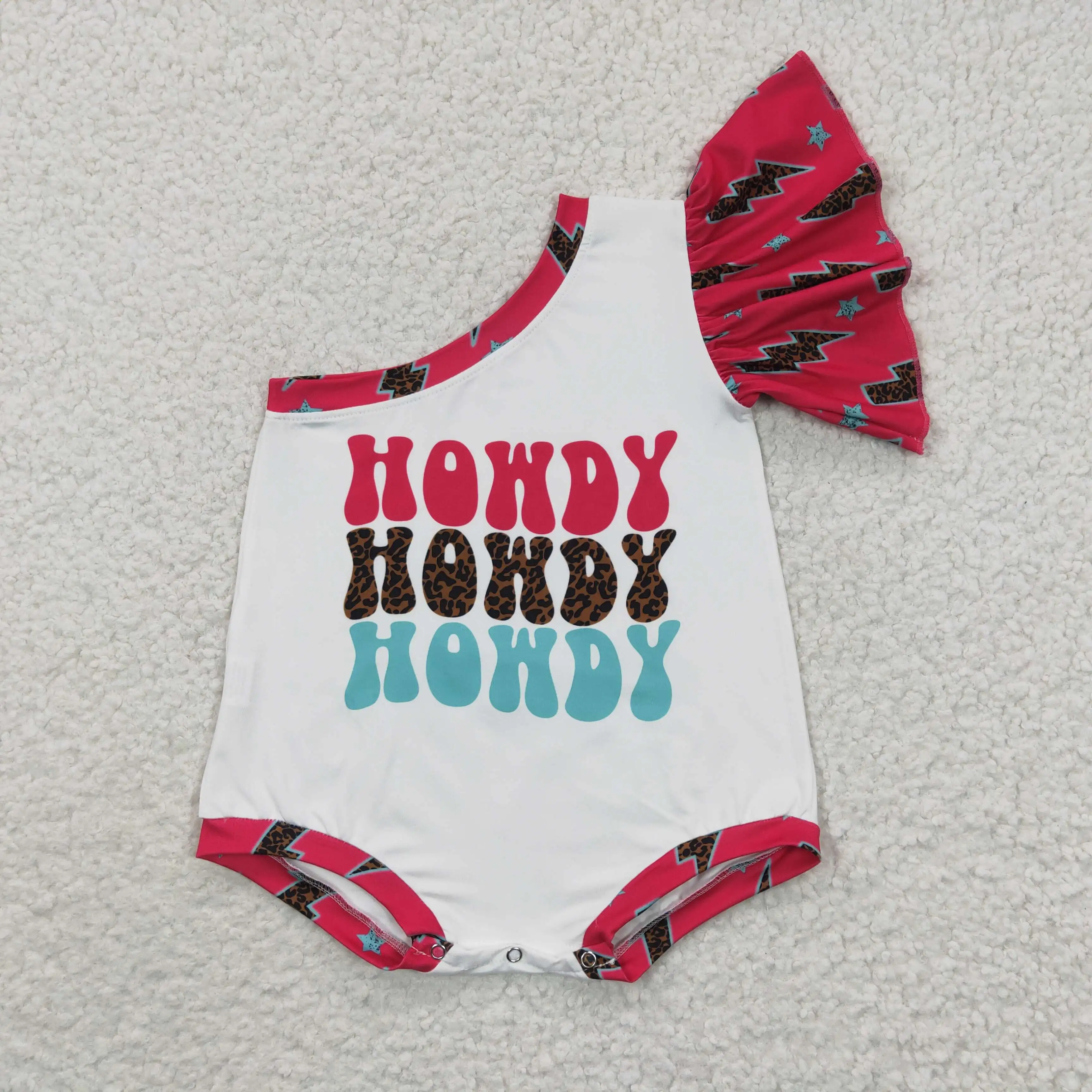 

2​023 Fashionable Kids Howdy One Shoulder Clothes Baby Flare Rompers Infants Sassy Boutique Onesie