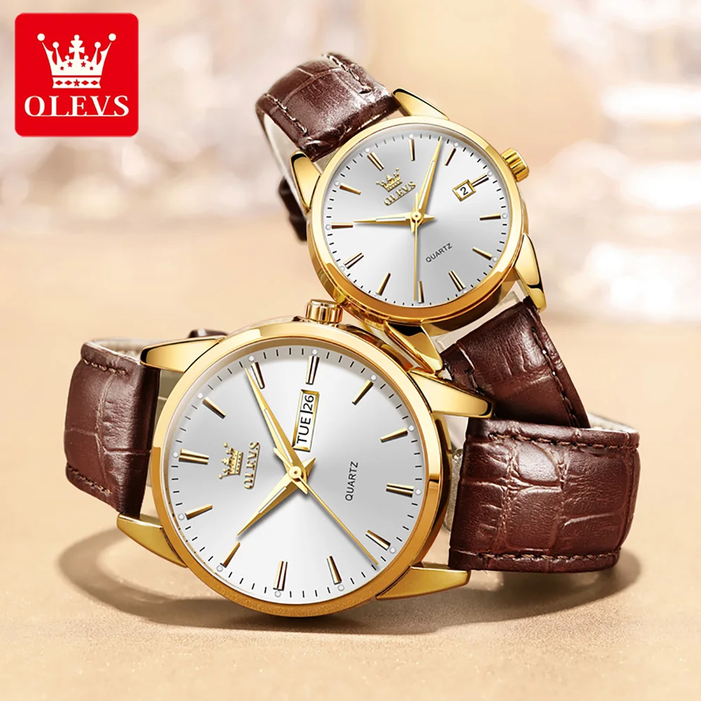 

OLEVS Couple Watches Fashion Leather Strap Quartz Watches for Women and Men Simple Date Week Dial Waterproof Couple Wrist Watch