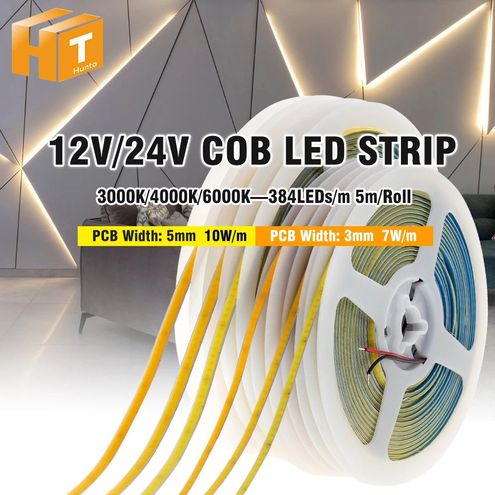 12V 24V COB LED Strip High Brightness 3000K 4000K 6000K 384LEDs/m 7W/M 10W/M High Flexible LED Light 5m/lot
12V 24V COB LED Strip High Brightness 3000K 4000K 6000K 384LEDs/m 7W/M 10W/M High Flexible LED Light 5m/lot