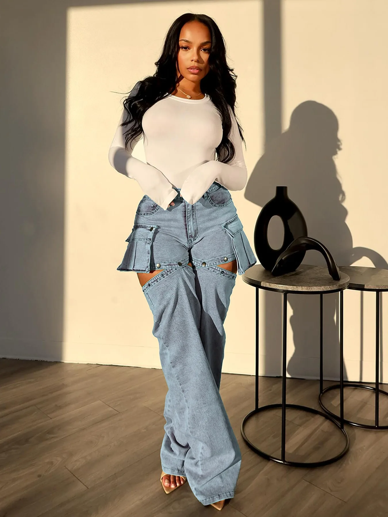 

Women Hollow Out Detachable Wide Leg Straight Denim Pants High Waisted Button Jean Trousers 2024 New Fashion Streetwear