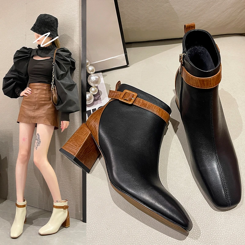 

Короткие женские ботинки, новинка сезона осень-зима 2023, модные ботинки в британском ретро-стиле контрастных цветов с ремешком и пряжкой на толстом каблуке и высоком каблуке