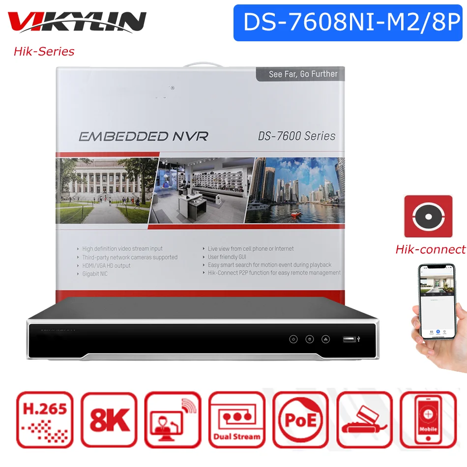 

Vikylin Hikvision 8CH POE 8K NVR DS-7608NI-M2/8P 2SATA interface for HDD CCTV Surveillance Video Network Recorder for IP Camera