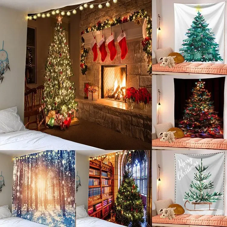 

Christmas Green Tree Tapestry Home Wall Hanging Cloth Festival Elk Background Cloth Xmas Home Decoration Bedspread Wall Carpet