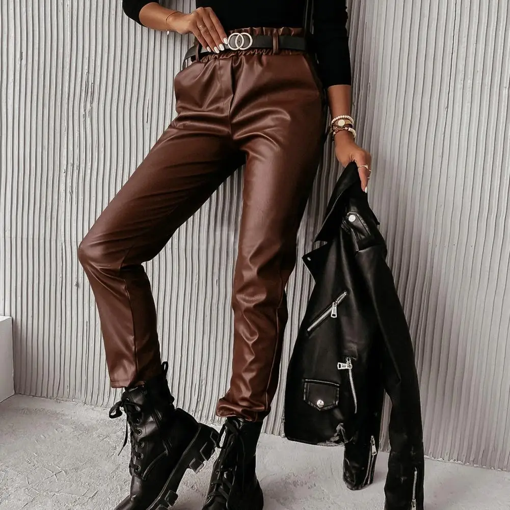 Elastic Waistband Pockets Solid Color Windproof Women Pants Winter Mid-rise Fleece Lining Faux Leather Pencil Pants
Elastic Waistband Pockets Solid Color Windproof Women Pants Winter Mid-rise Fleece Lining Faux Leather Pencil Pants