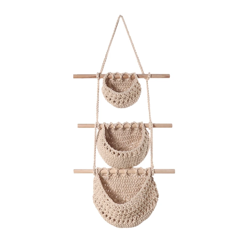 

Wall-Mounted Three-Tier Fruit Hanging Basket Bohemian Fruit Net Pocket Hand-Woven Rope Hanging Basket Flower Pot