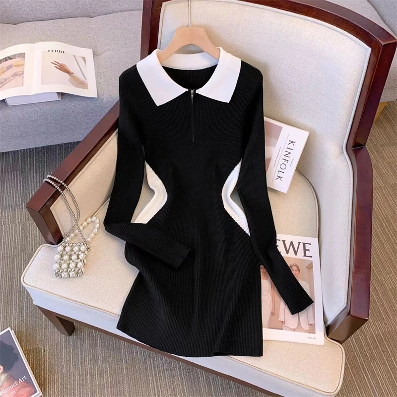 Women's Polo Neck Half Zipper Long Sleeved Thin Knitting Sweater Dress Spring Female Black White Design Slim Short Dress
Women's Polo Neck Half Zipper Long Sleeved Thin Knitting Sweater Dress Spring Female Black White Design Slim Short Dress
