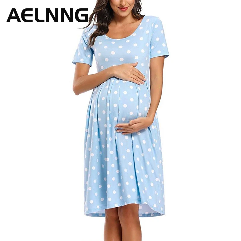 Платья для кормящих женщин, летние, в горошек, с коротким рукавом, до колена, C9303 
Платья для кормящих женщин, летние, в горошек, с коротким рукавом, до колена, C9303