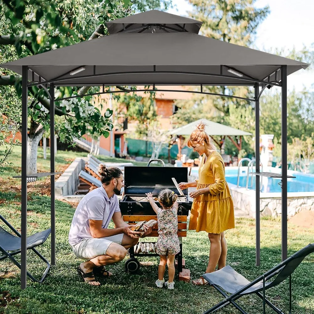 

8'x 5' Grill Gazebo Double Tiered Outdoor BBQ Gazebo Canopy With LED Light Tent Camping Full Folding Awnings Pergola Shade Home