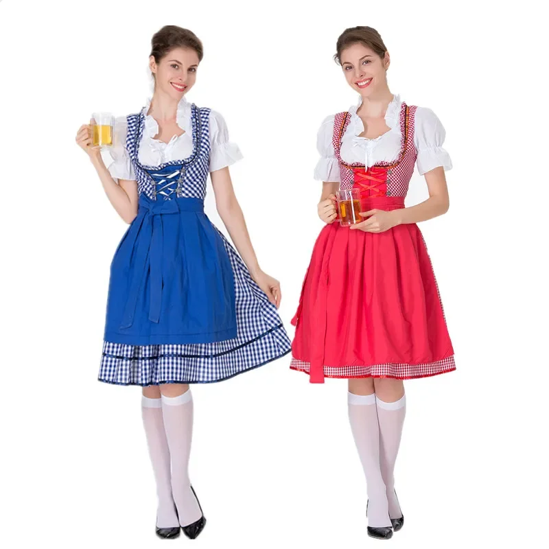 

Women's German Oktoberfest Beer Girl Costume Bar Nightclub Maid Costume Carnival Party Fancy Dress Blue/Red Plaid Dress Apron