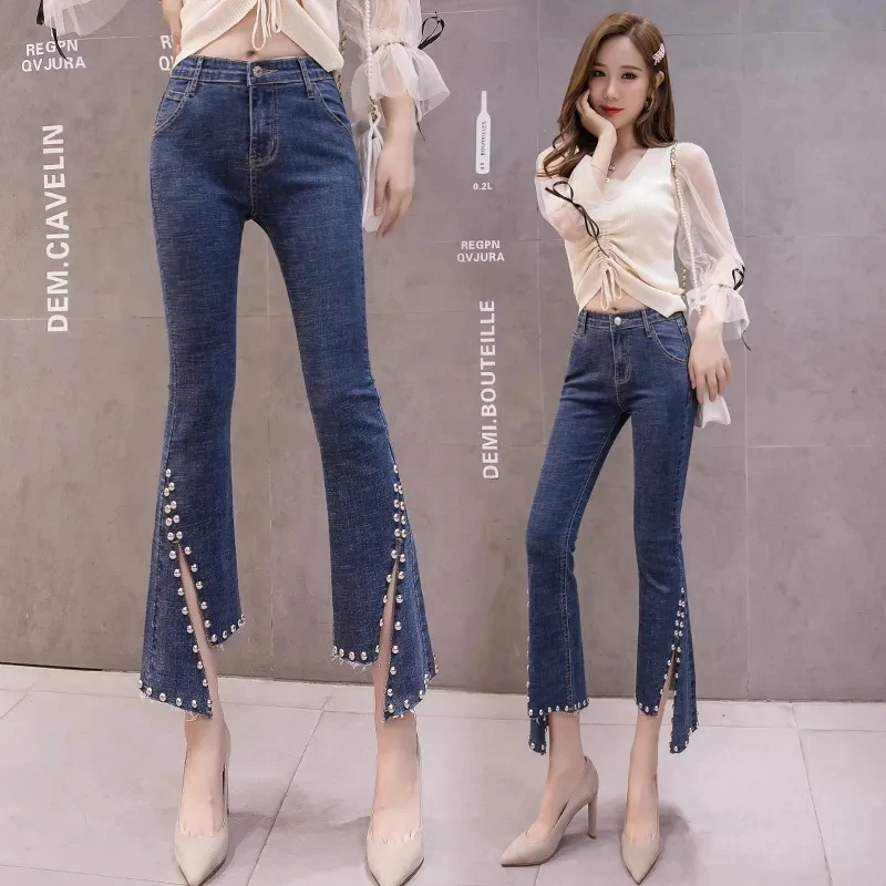 

Denim Flared Pants Beading Slit Asymmetry Design Korea Fashion Spring Summer Nine Points Jeans Female High waist Tide Trousers