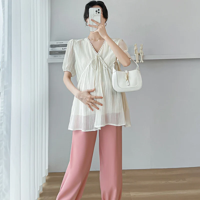 Korean Style Summer Pregnant Women's Clothes Set Fashion Short Sleeve V-neck Shirts+belly Pants Twinset Maternity Pants Suits
Korean Style Summer Pregnant Women's Clothes Set Fashion Short Sleeve V-neck Shirts+belly Pants Twinset Maternity Pants Suits