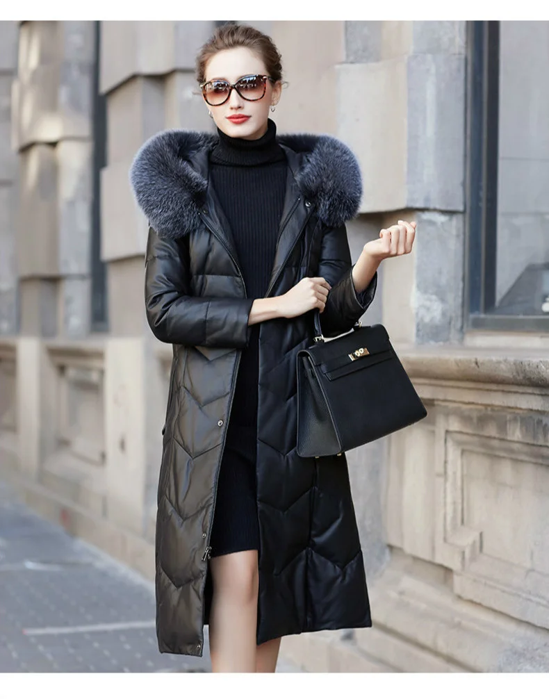 

2023 Women's Leather Jacket Real Sheepskin Coat Female 90% White Duck Down Jackets 7xl clothes Women Fox Fur Collar Pph1877