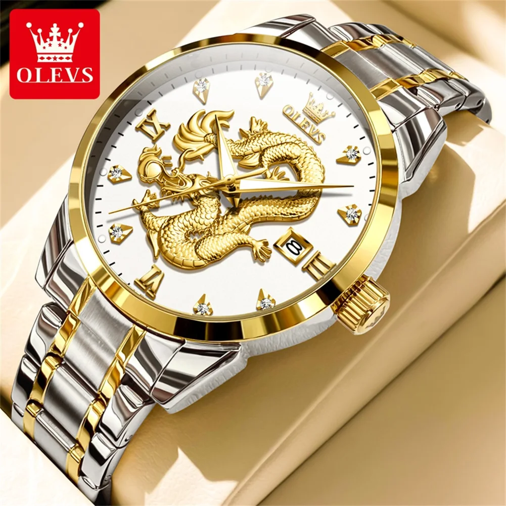 

OLEVS 3619 Dragon Watch for Men Stainless steel Waterproof Luxury Diamond Scale Date Dress TOP Brand Quartz Watch for Man Trend