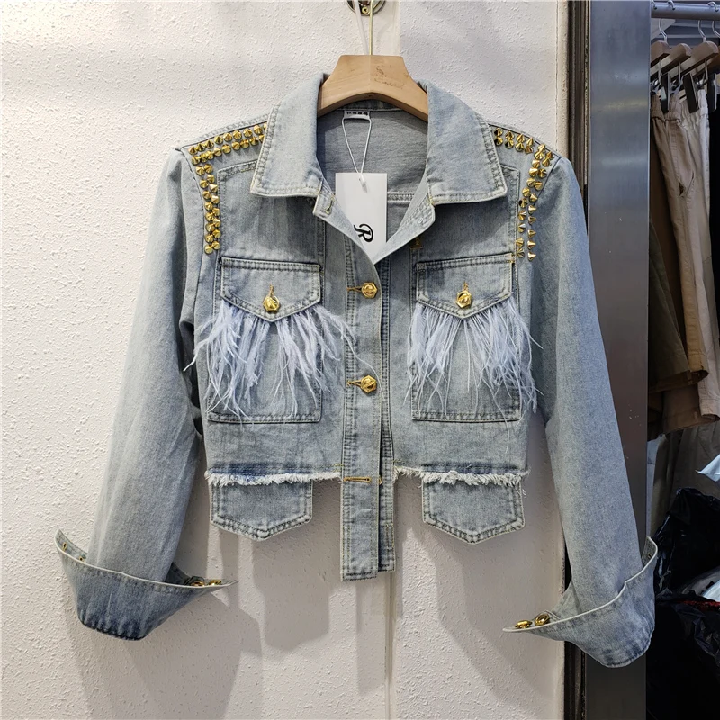 

Autumn Rivet Beaded Feather Decoration Short Denim Jacket Frayed Burrs Hem Lapel Long Sleeve Jeans coat female Streetwear R205