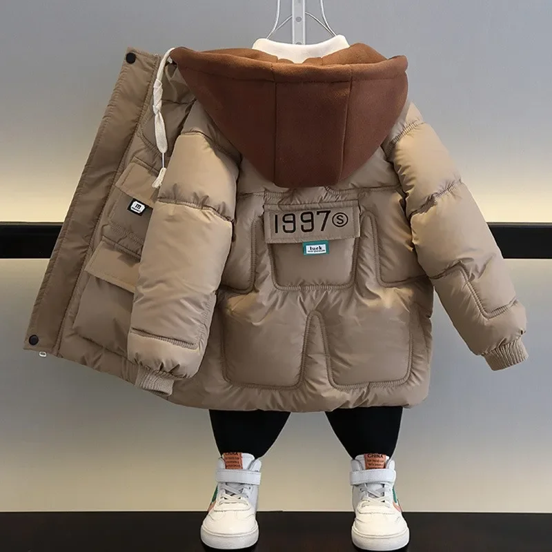 

Winter Thick Warm Down Jacket Boys Plus Velvet Hooded Cotton Coat Children Clothing Kids Cotton-Padded Parka Snowsuit 4-12 Years