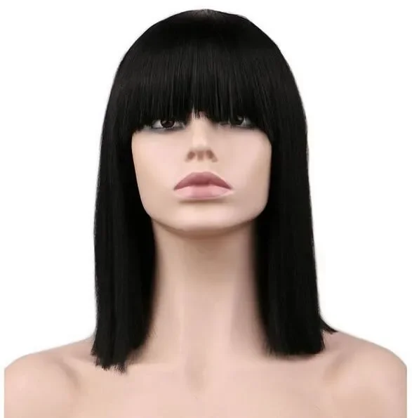 

Women Short Neat Bang Bob Style Straight Cosplay Wig Party Costume Natrual Black 40 Cm Synthetic Hair Wigs