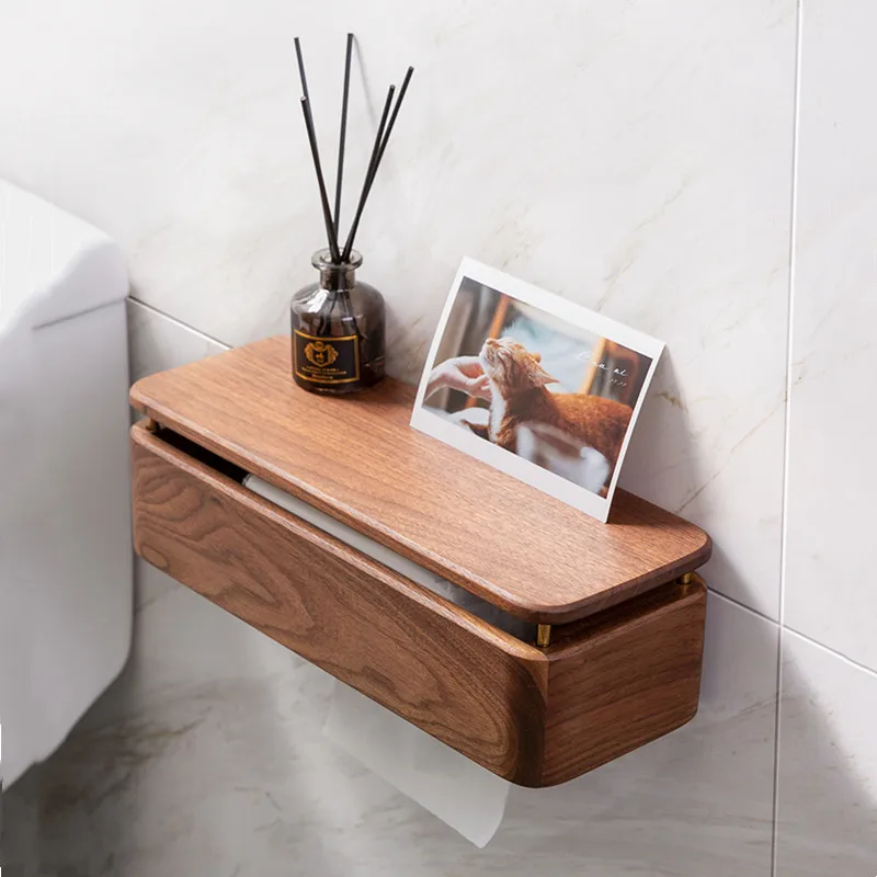

Wooden Tissue Box Wall Hanging Free Punch Black Walnut Bathroom Wall Shelf Household Pumping Box Paper Towel Holder Accessories