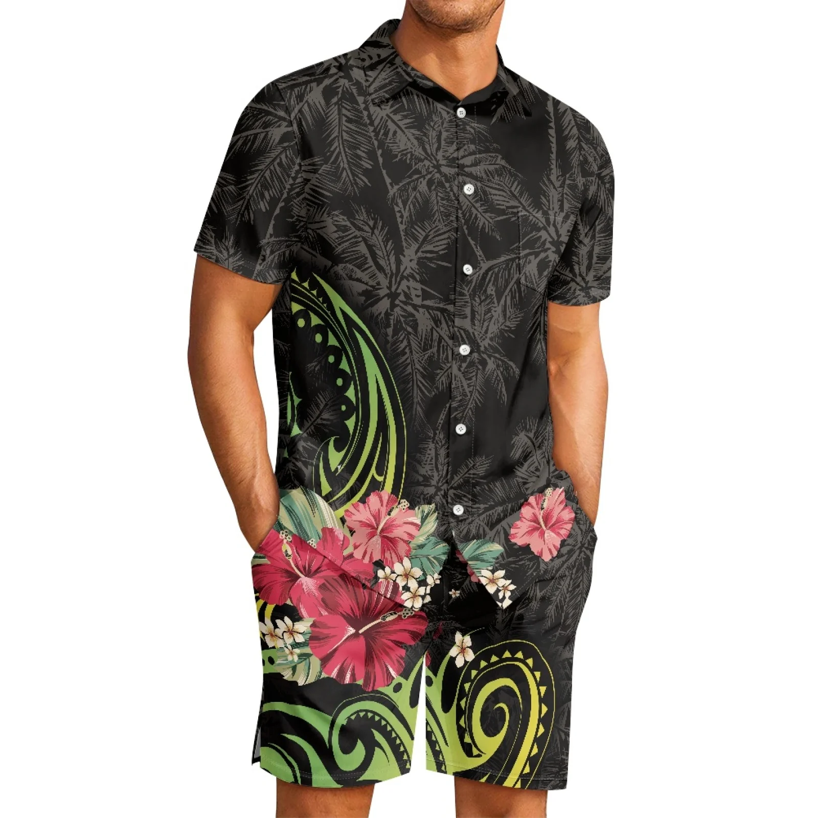 Мужской повседневный костюм из 2 предметов, гавайский Тотем с татуировками и лацканами, быстросохнущие шорты с коротким рукавом, гибискус, полинезийский племенной 
Мужской повседневный костюм из 2 предметов, гавайский Тотем с татуировками и лацканами, быстросохнущие шорты с коротким рукавом, гибискус, полинезийский племенной