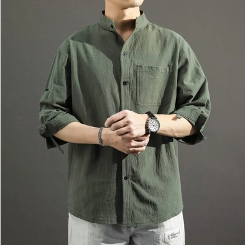 Summer Linen Shirt Three-quarter Sleeve Men's Japanese Casual Loose Stand Collar Shirts Trend Solid Men's Clothing Top
Summer Linen Shirt Three-quarter Sleeve Men's Japanese Casual Loose Stand Collar Shirts Trend Solid Men's Clothing Top
