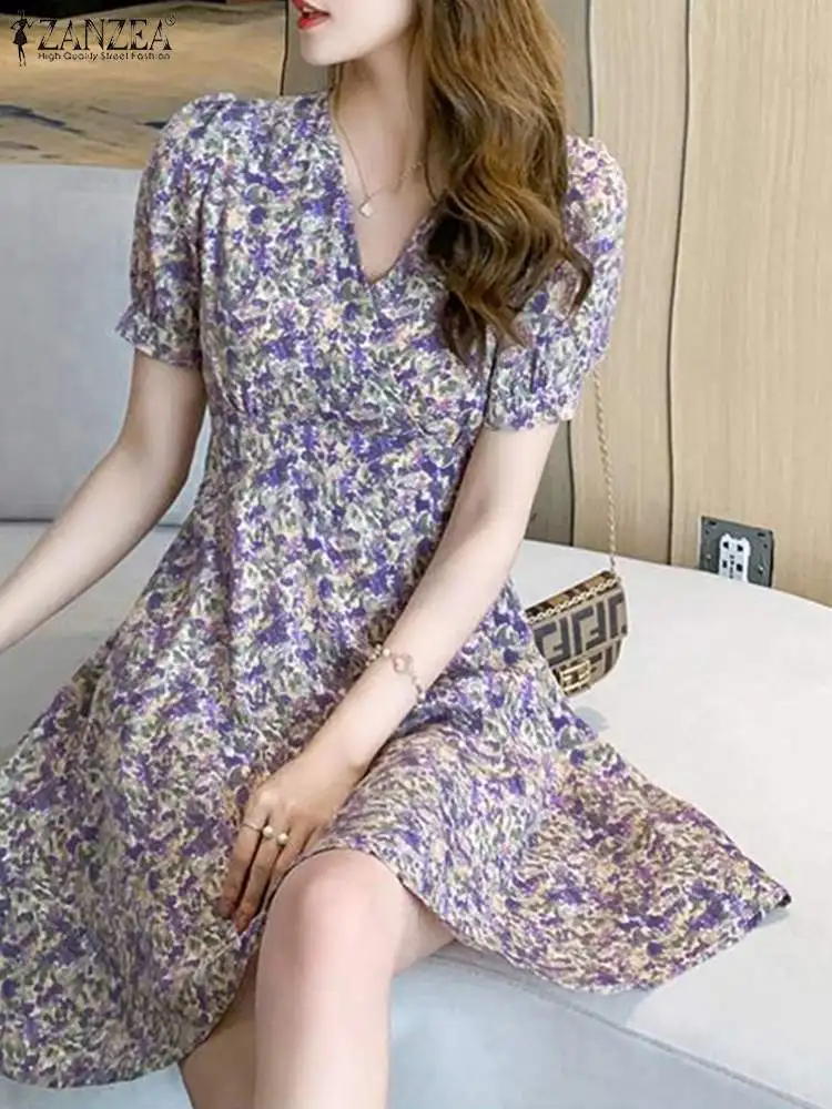 

Женский короткий сарафан ZANZEA с V-образным вырезом и цветочным принтом, винтажное мини-платье с коротким рукавом, Повседневное платье с поясом на талии