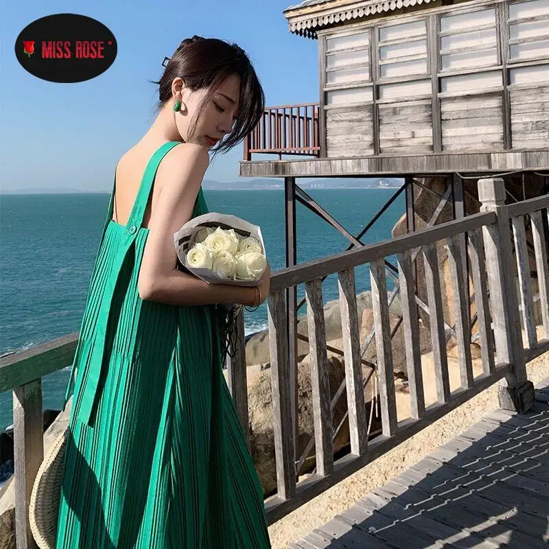 

Beauty Back Pleated Buttons Straps Dress Women Green Vintage Tropical Island Beach Holiday Sundress Robe Lady Korea Vestidos