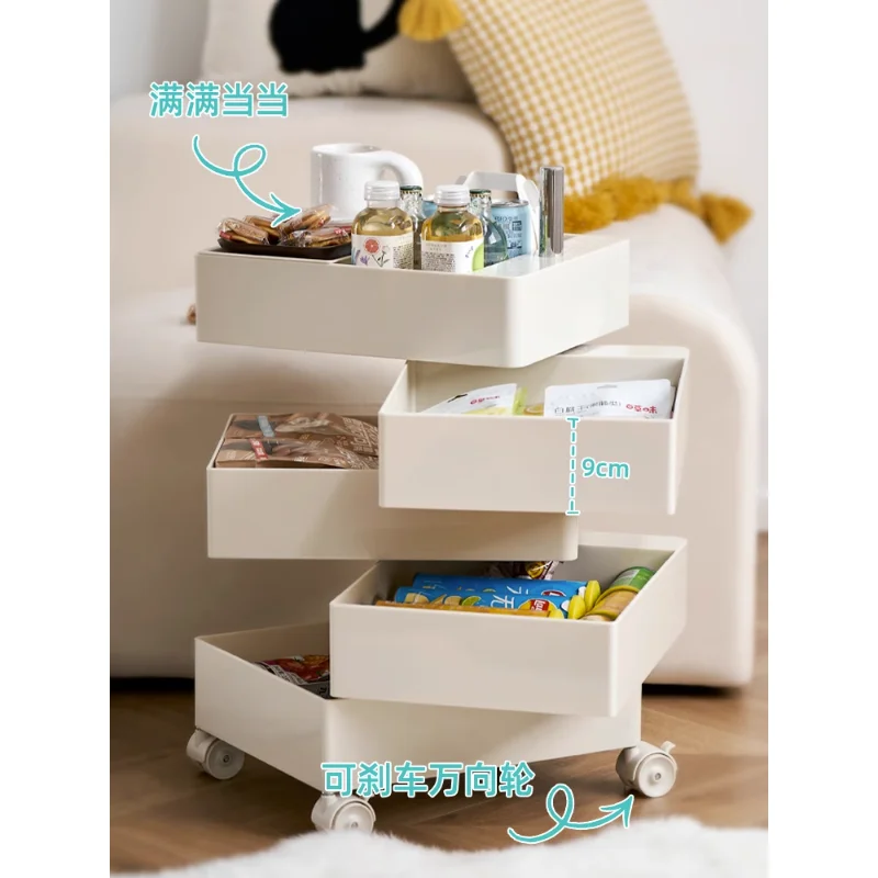 

A few small cart shelves next to the bed, movable small coffee tables under the table, sofa side cabinets, plastic storage