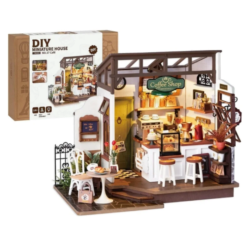 

Robotime DIY Wooden Dollhouse Set with Miniature Furniture Model Building Set with LED for Adult and Children NO.17 Coffee